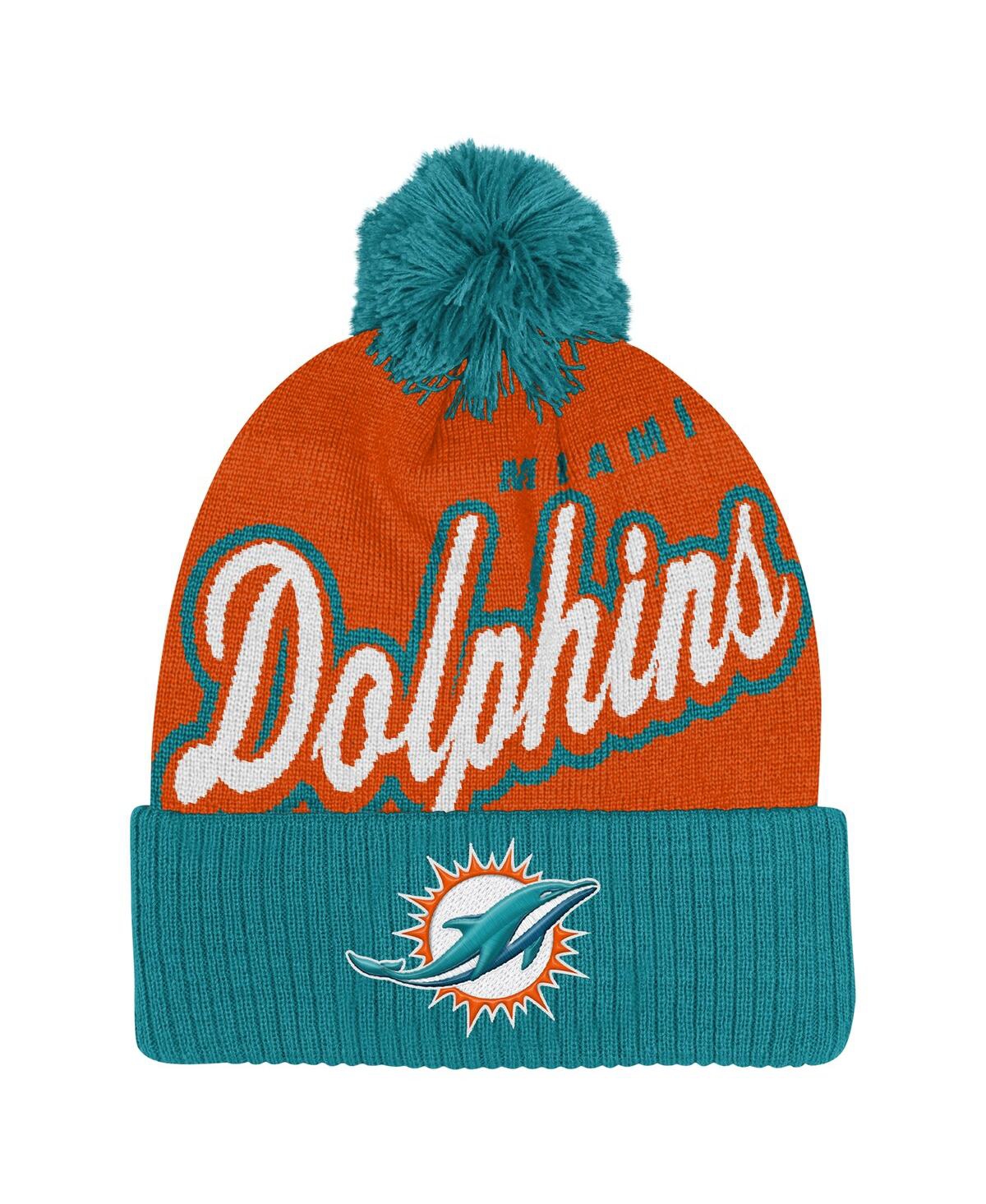 Outerstuff Big Boys And Girls Orange/aqua Miami Dolphins Pro-sport Jacquard Cuffed Knit Hat With Pom In Orange,aqua