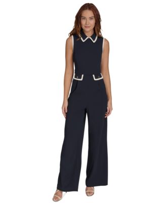 Women's Collared Contrast-Trim Sleeveless Straight-Leg Jumpsuit