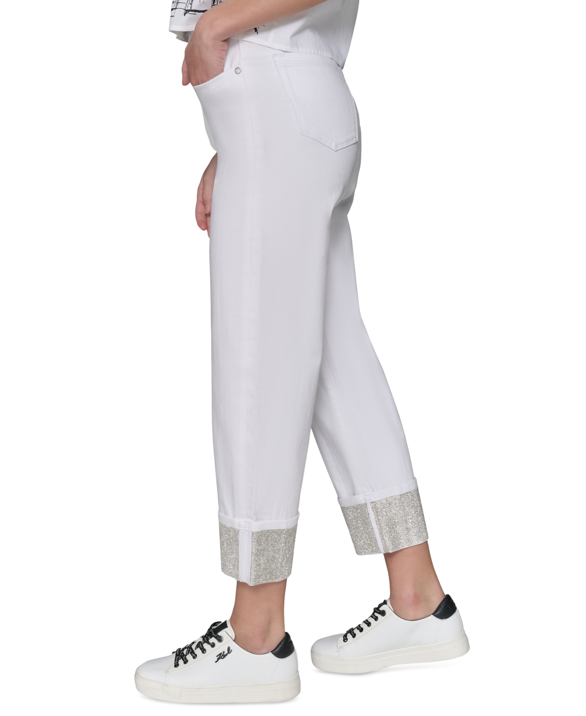 Karl Lagerfeld Petite Crystal-cuff Cropped Jeans