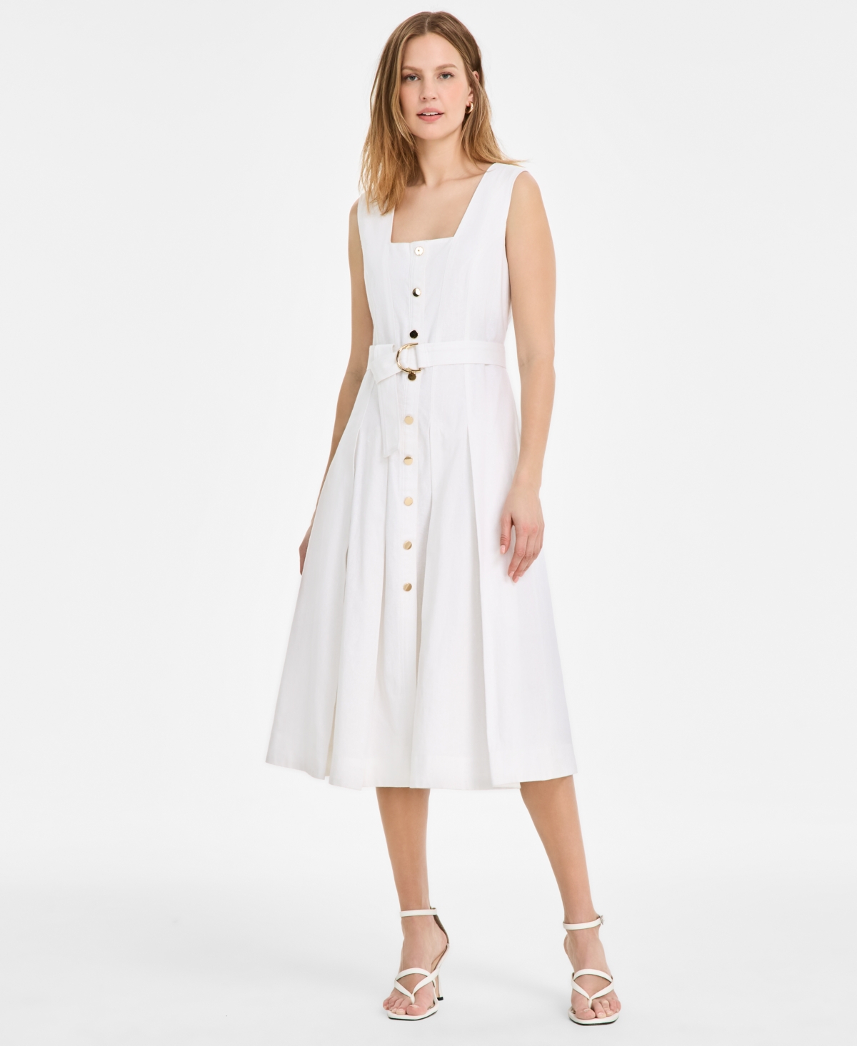 Women's Square-Neck Belted A-Line Sleeveless Dress - Bright White