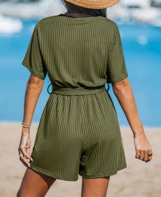 Women's Ribbed V-Neck Short Sleeve Romper