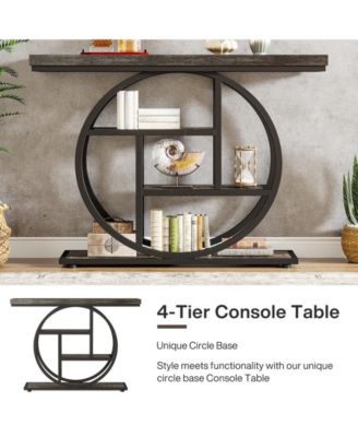 41.3" Console Table, Industrial 4-Tier Sofa Table Entryway Table with Circle Base, Narrow Wood Accent Tables with Shelves, Light Brown