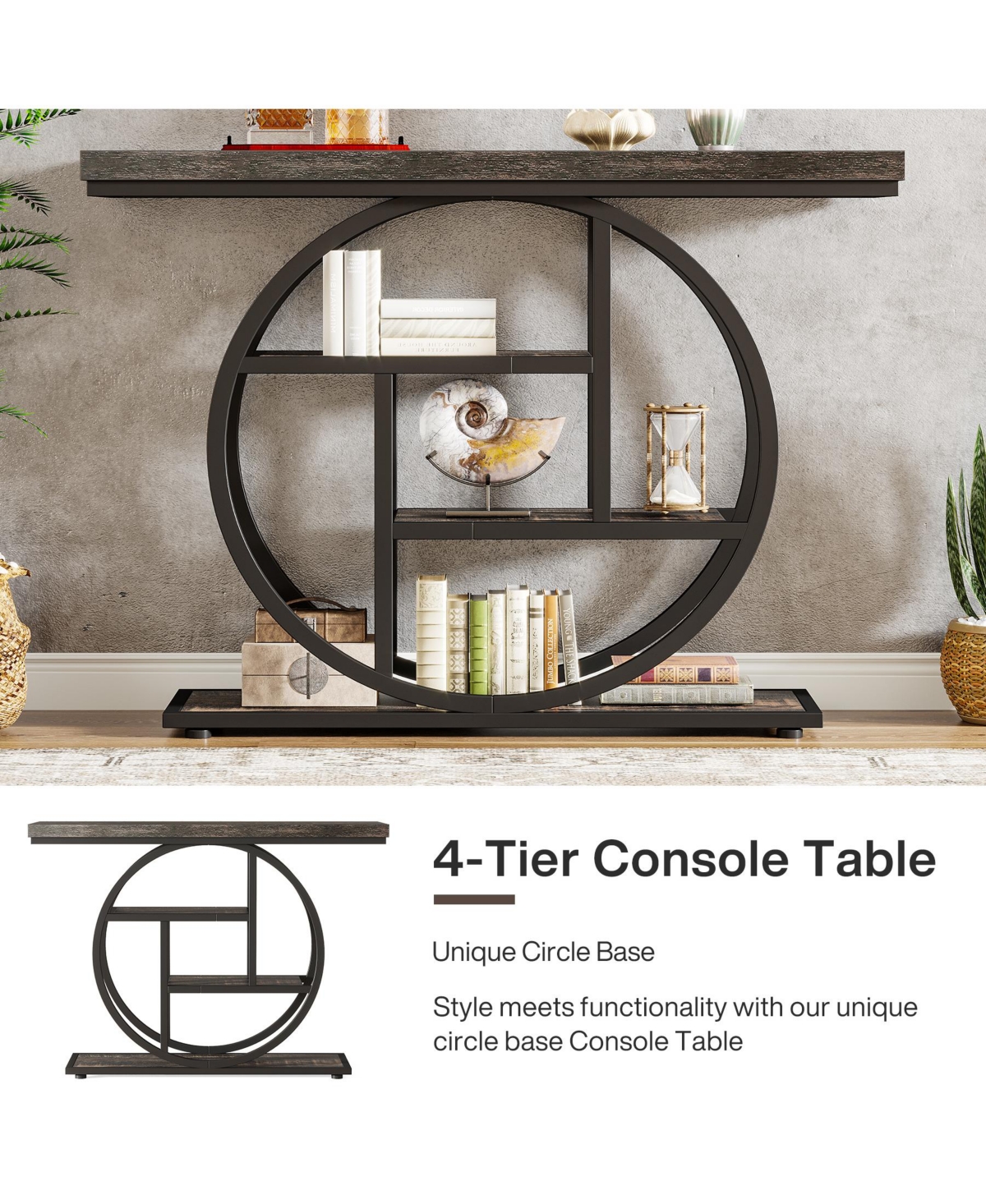 Tribesigns 41.3" Console Table, Industrial 4-Tier Sofa Table Entryway with Circle Base, Narrow Wood Accent Tables Shelves, Light Brown