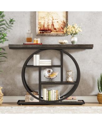 41.3" Console Table, Industrial 4-Tier Sofa Table Entryway Table with Circle Base, Narrow Wood Accent Tables with Shelves, Light Brown