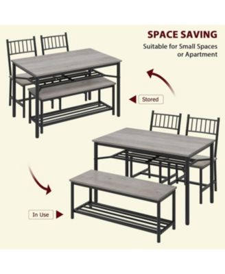 Dining Table Set for 4 Kitchen Table With Bench & 2 Chairs 4-Piece Dining Table Set w/ Storage Wine Rack Rectangular Dining Furniture Set With Chairs and Bench for Small Space, Apartment