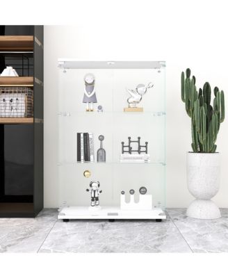 Two-door Glass Display Cabinet 3 Shelves with Door, Floor Standing Curio Bookshelf for Living Room Bedroom Office