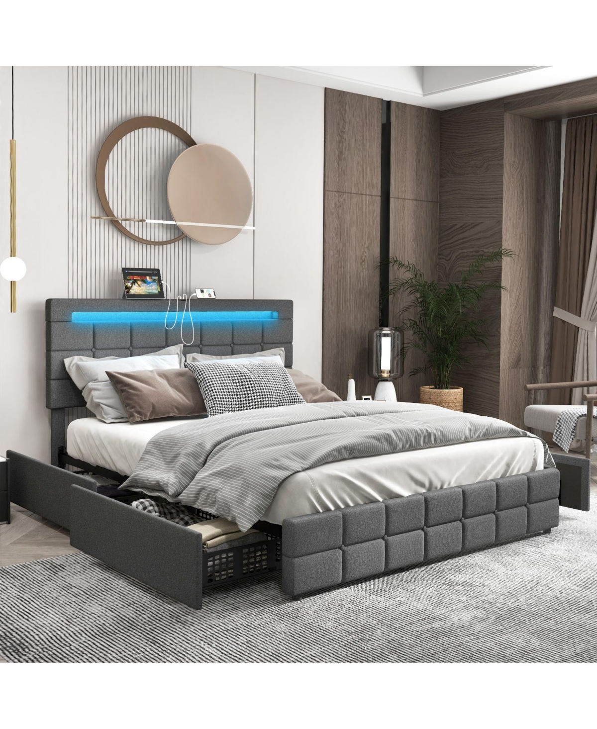 Gouun Upholstered Queen Led Bed Frame with Headboard and 4 Drawers-Queen Size