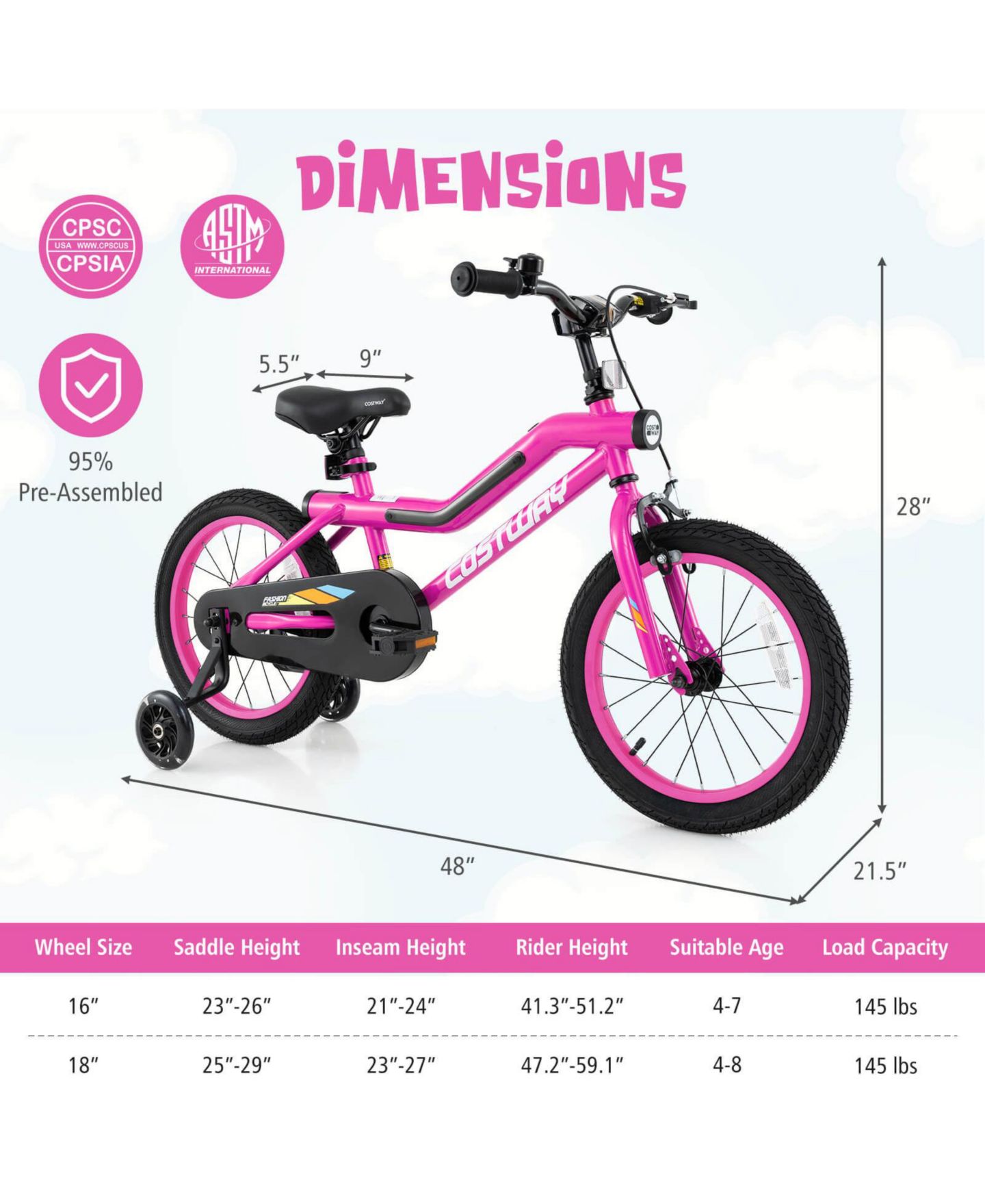 Детская игрушка Costway Aurora Spark I 16" LED-Lighted Coaster-Brake Kids Bike with Training Wheels, 145 lb Capacity, 4–7 лет, цвет: Розовый — фото 2