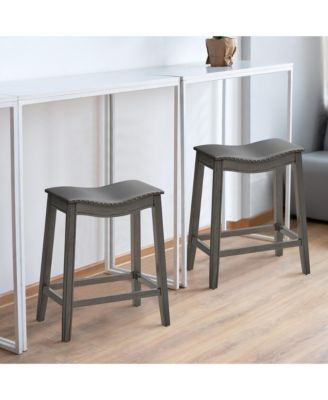 Set of 2 Saddle Bar Stools Counter Height Kitchen Chairs w/ Rubber Wood Legs