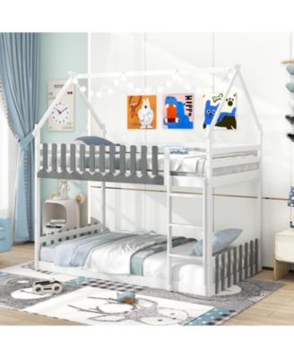 Twin Over Twin Bunk Bed with Fence and Ladder for Kids