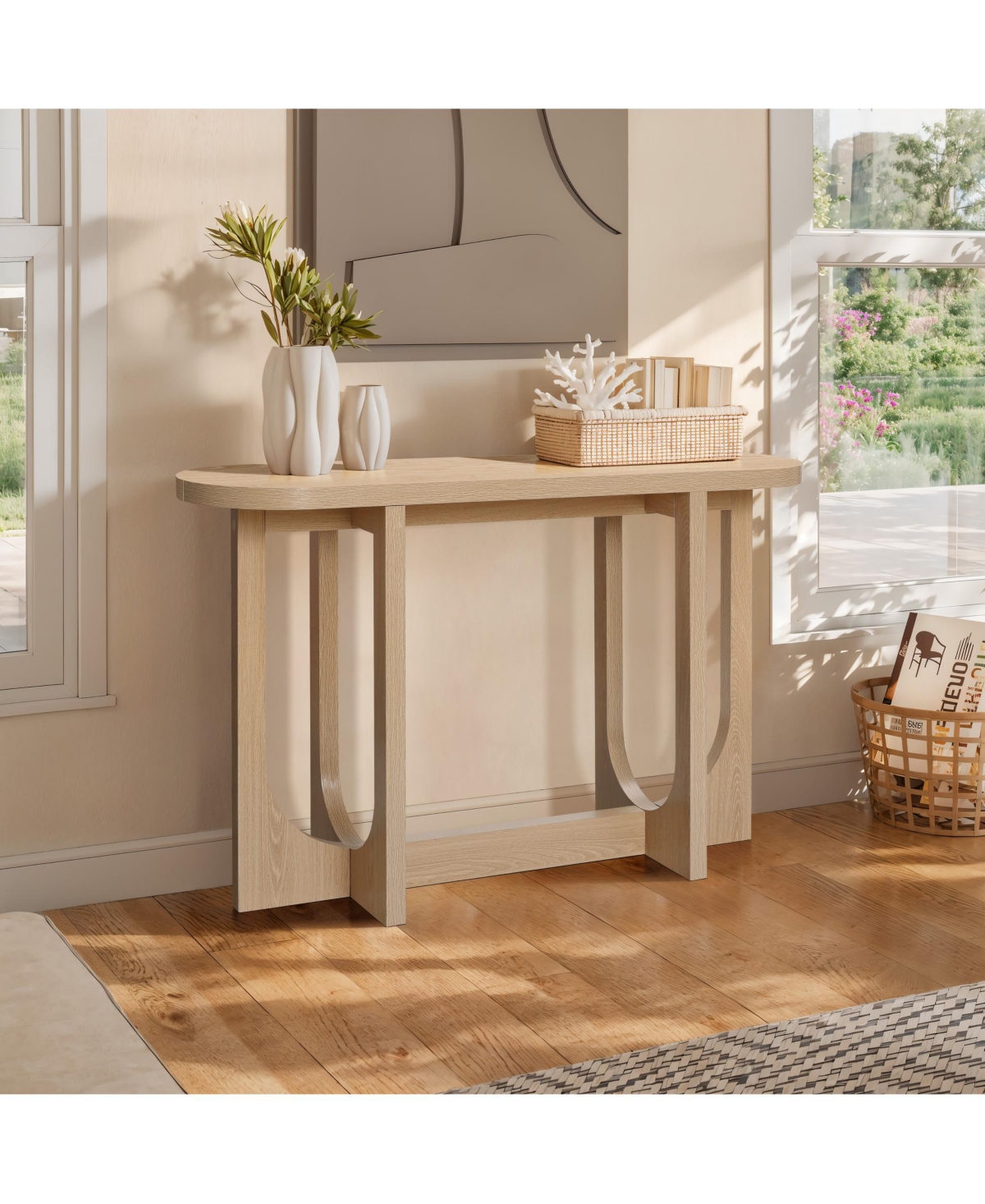 LuxenHome Natural Finish Mdf Wood 47-Inch Long Oval Console Table