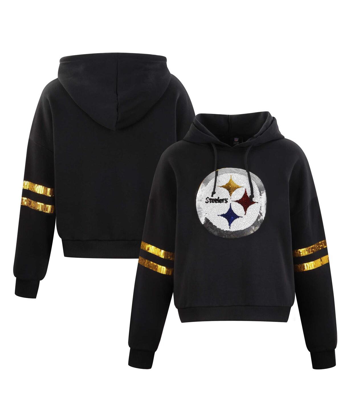 Women's Black Pittsburgh Steelers Cropped Sequins Pullover Hoodie - Black, Gold