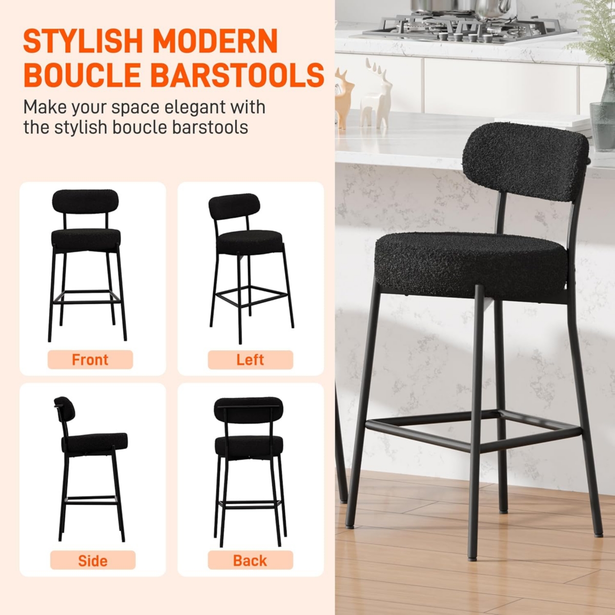 Dyhome Bar Stools Set of 3, 28 Inches Modern Counter Height with Curved Back Metal Legs, Upholstered Tall Barstools for Kitchen Island, Caf