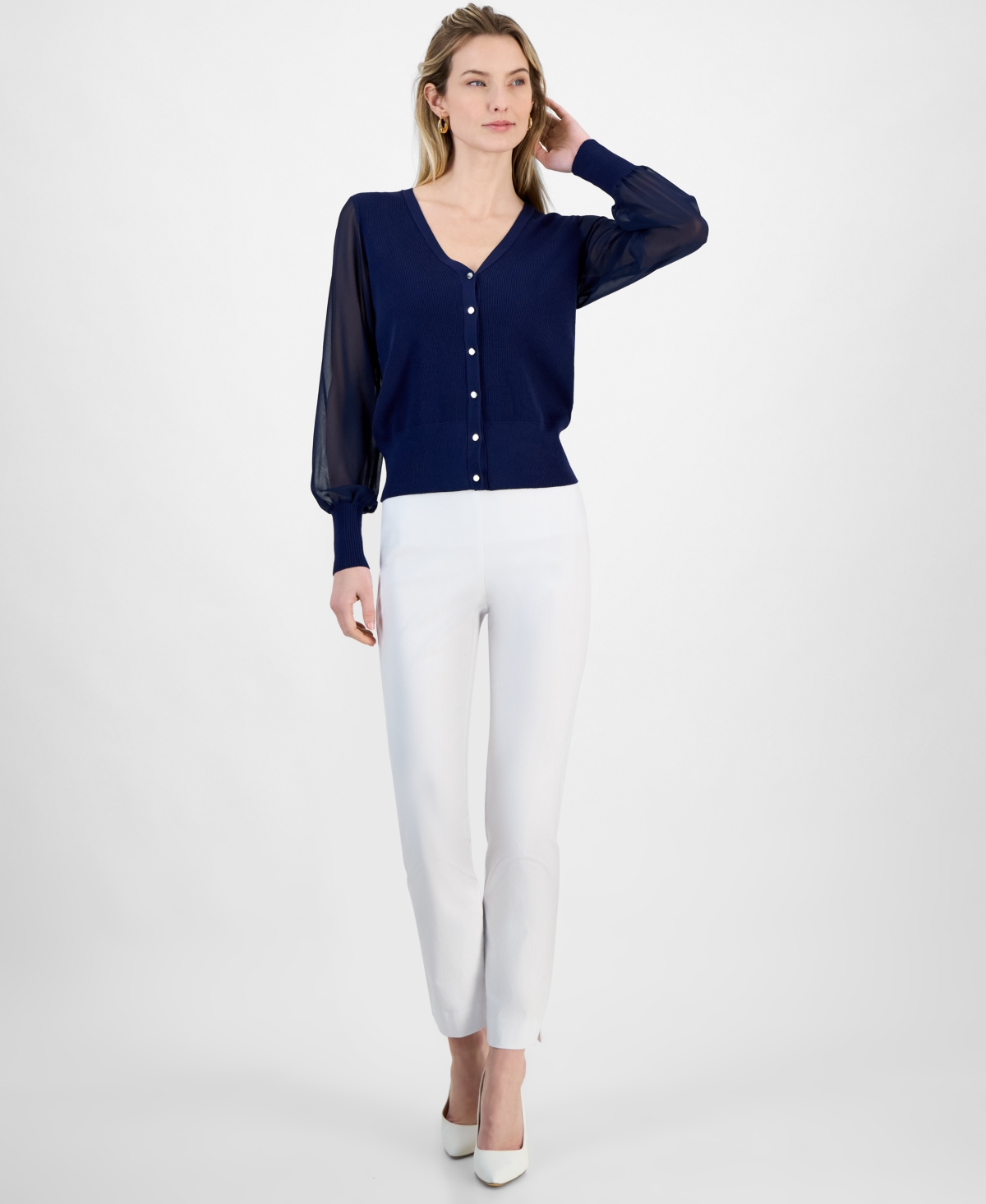T Tahari Blouson Sleeve Rib Cardigan In Blue