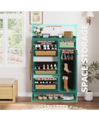 Shoe Cabinet Rattan with 3 Flip Drawers and 4-Tier Shoe Storage Cabinet, Freestanding Shoe Organizer with Adjustable Shelves for Entryway, Closet, Hallway