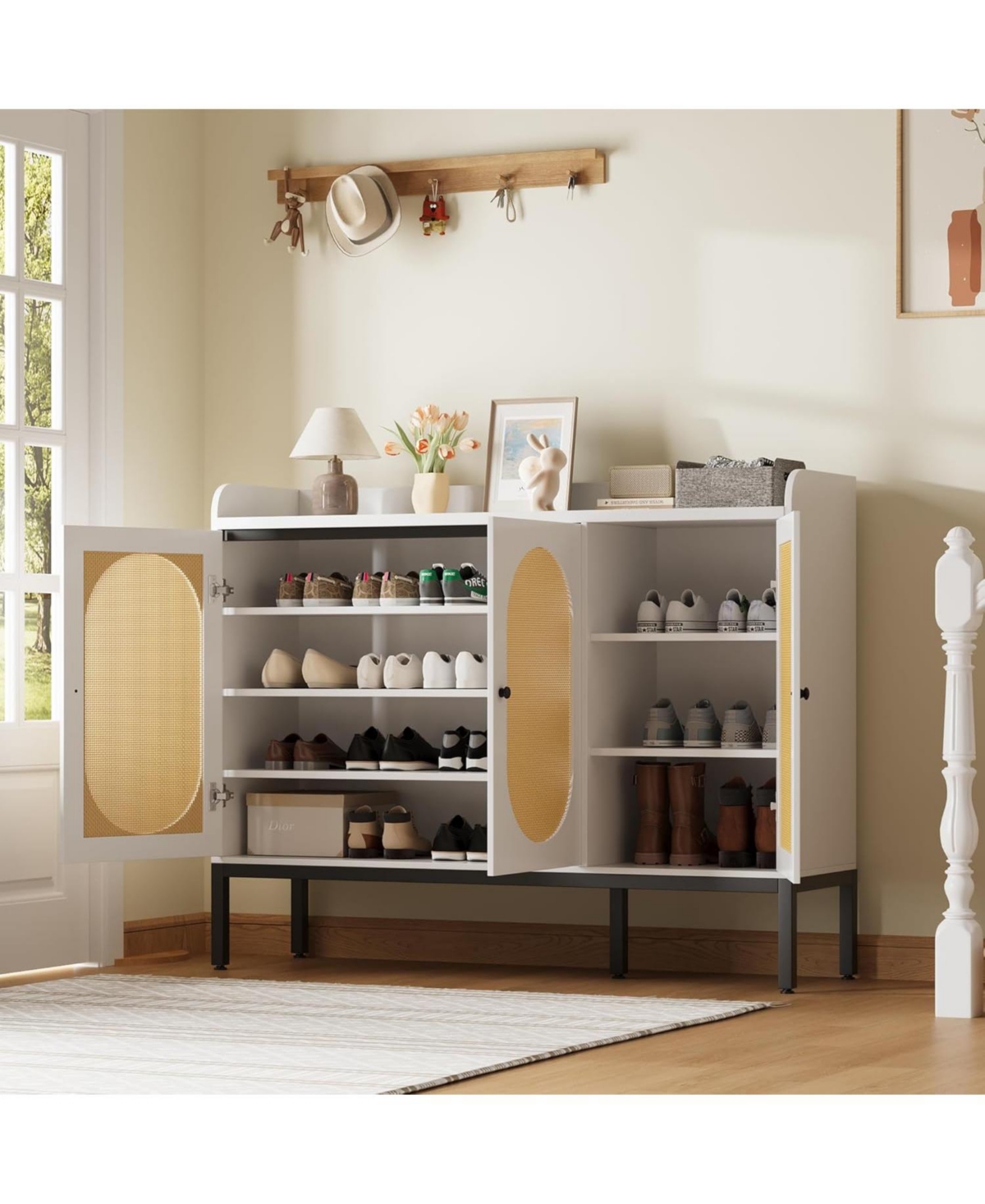 Rattan Shoe Cabinet With 3 Doors/Adjustable Shelves Freestanding Shoe Storage Organizer 8-Tier Wooden Storage Cabinet Narrow Shoe Rack Cabinet