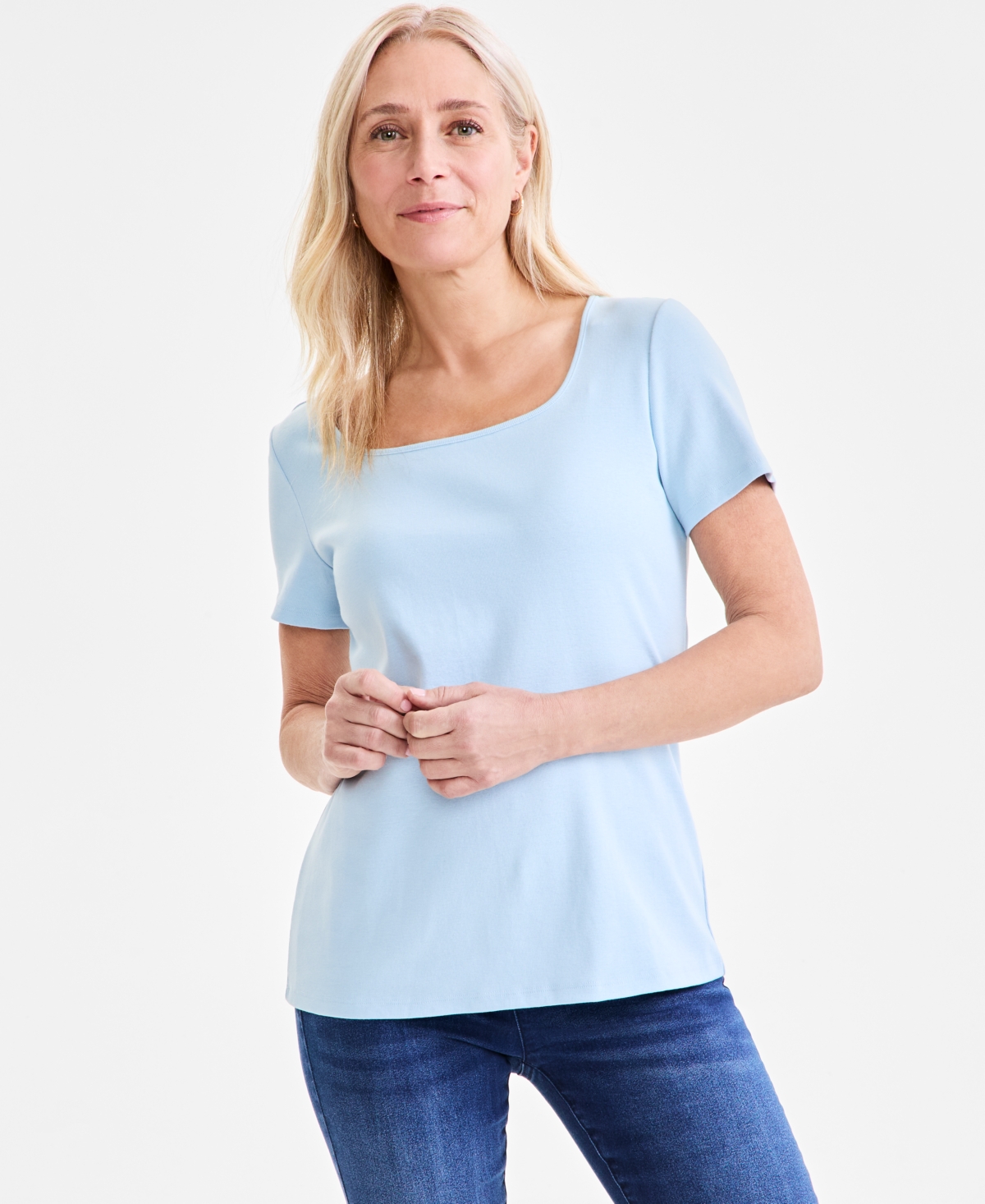 Women's Cotton Square-Neck Short-Sleeve T-Shirt, Exclusively at Macy's - Salmon Rose