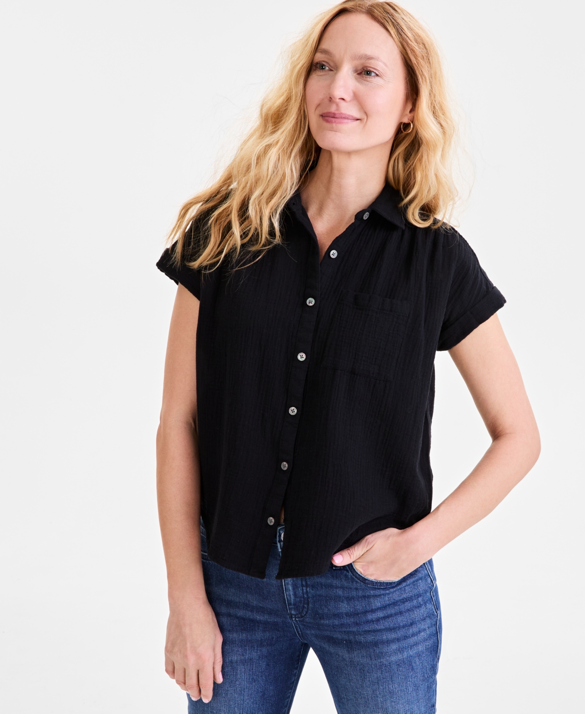 Petite Cotton Gauze Camp Shirt, Created for Macy's - Bright White