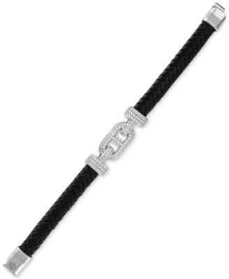 Cubic Zirconia & Braided Black Leather Bracelet in Sterling Silver, Exclusively at Macy's