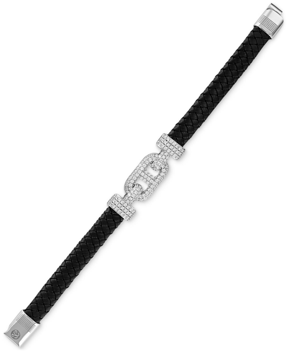 ESQUIRE MEN'S JEWELRY CUBIC ZIRCONIA & BRAIDED BLACK LEATHER BRACELET IN STERLING SILVER, EXCLUSIVELY AT MACY'S 