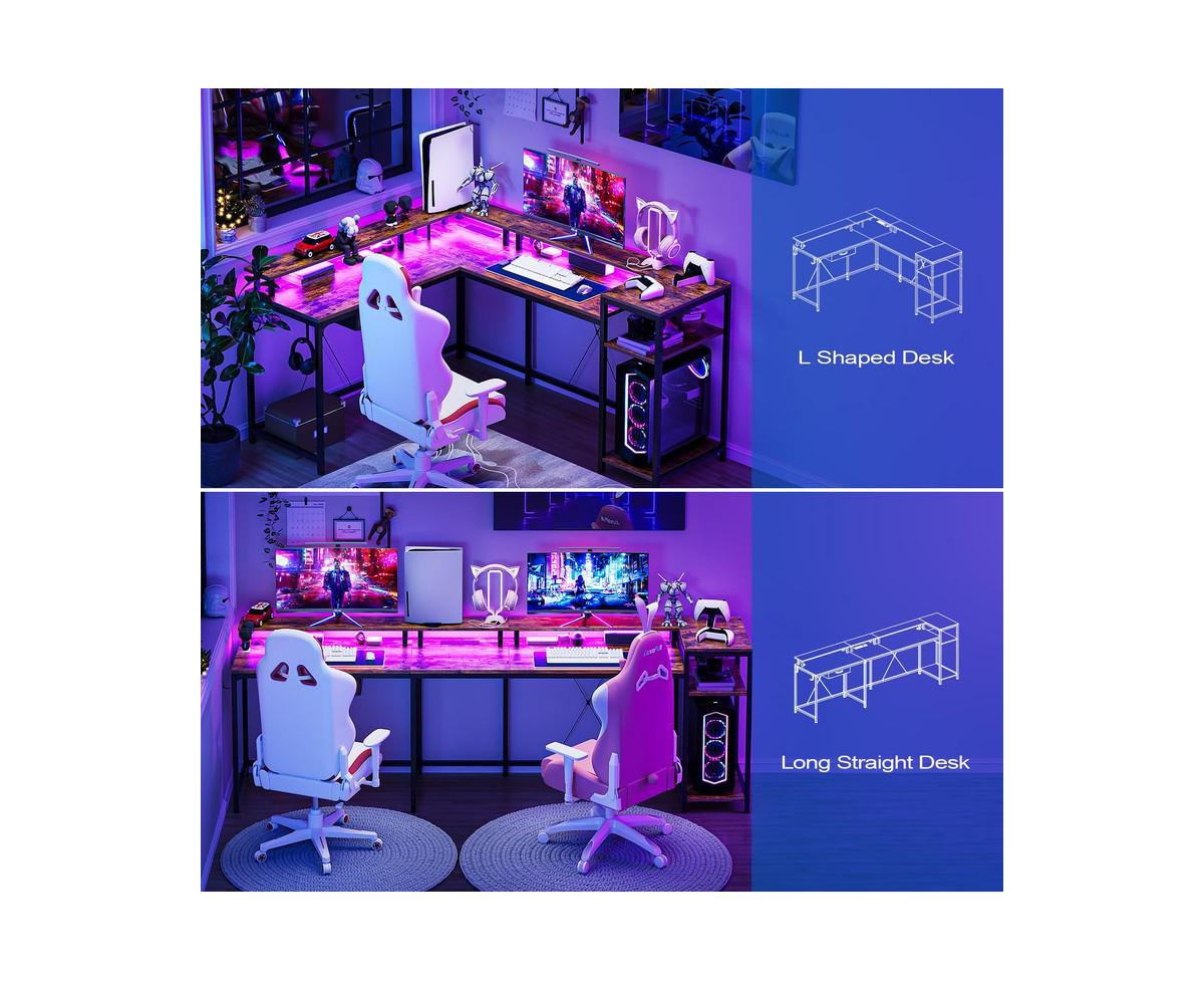 gaomon L Shaped Desk with Drawers and Led Lights, 55 Inch Computer Desk with Shelves & Monitor Stand