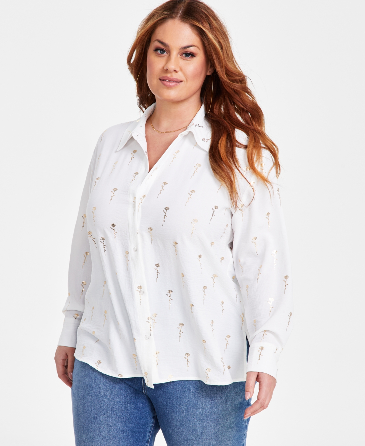 Nina Parker Plus Size Love-script Metallic-print Blouse In White Gold Foil Rose Print