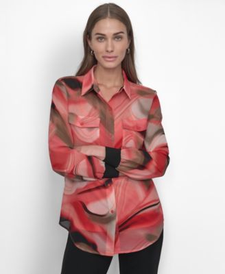 DKNY - Women's Button-Front Printed Chiffon Blouse