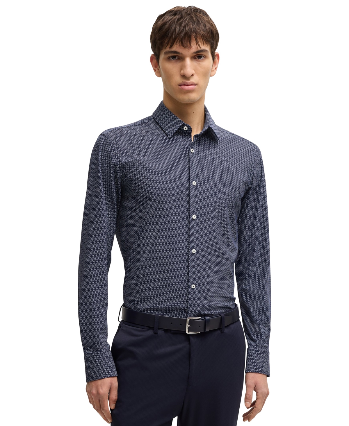 Hugo Boss Boss By  Men's Slim-fit Geometric Print Performance Shirt In Navy