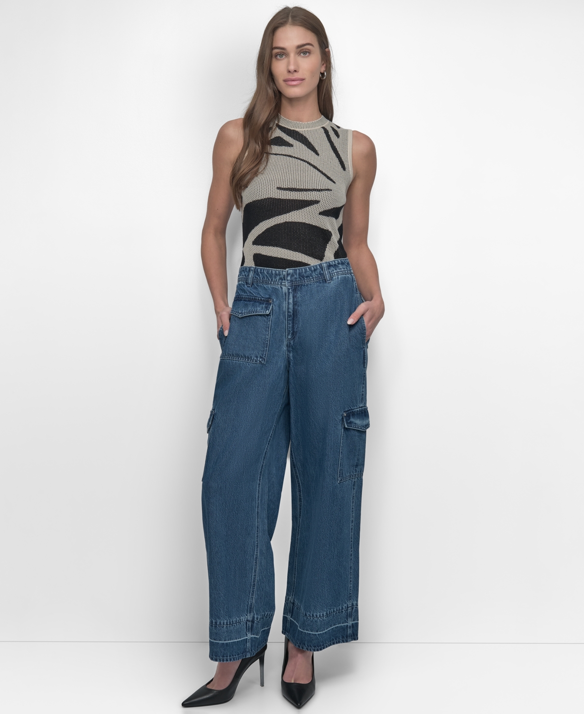 Shop Dkny Women's Release-hem Wide-leg Cargo Jeans In Mercer Wash