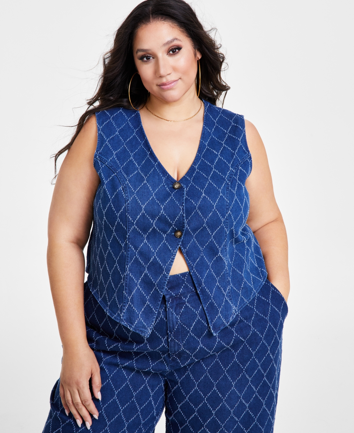 Plus Size Diamond-Texture Denim Vest - Dark Wash