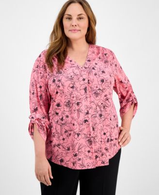 AK Anne Klein - Plus Size Printed Roll-Tab-Sleeve Tunic