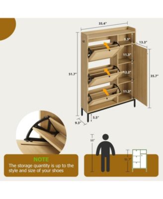 Shoe Cabinet Rattan with 3 Flip Drawers and 4-Tier Shoe Storage Cabinet, Freestanding Shoe Organizer with Adjustable Shelves for Entryway, Closet, Hallway