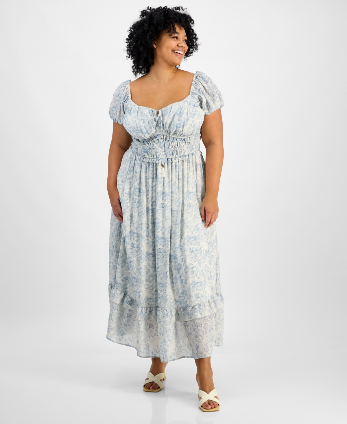 And Now This Trendy Plus Size Puff-sleeve Floral Maxi Dress, Exclusively At Macy's In Tonal Blue