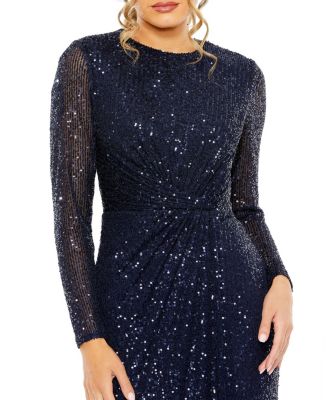 Women's Sequin Long Sleeve High Neck Column Gown