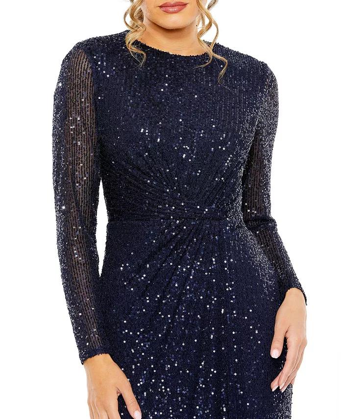 Women's Sequin Long Sleeve High Neck Column Gown - thumbnail 3