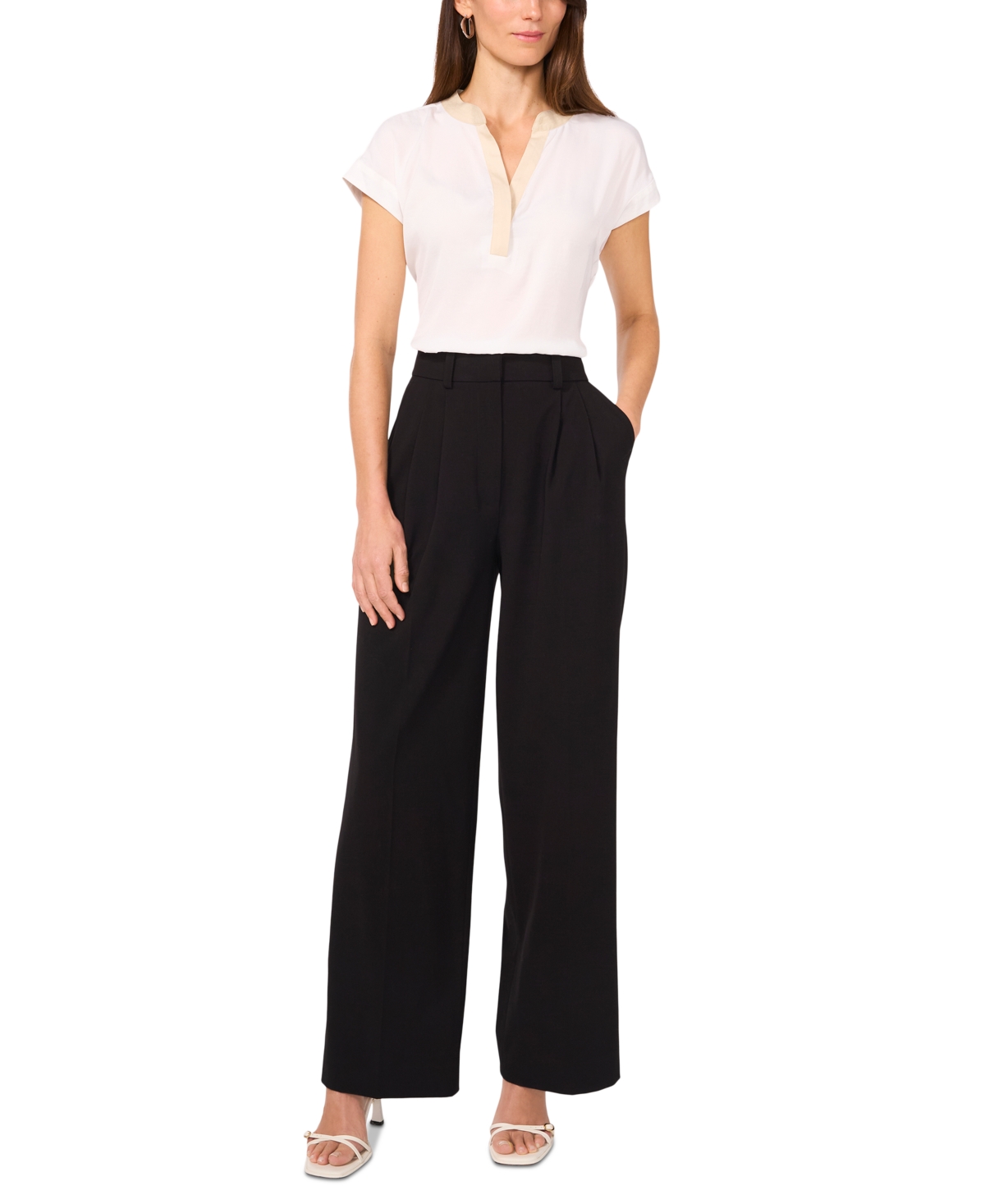 VINCE CAMUTO WOMEN'S SPLIT-NECK CONTRAST-TRIM CAP-SLEEVE TOP 