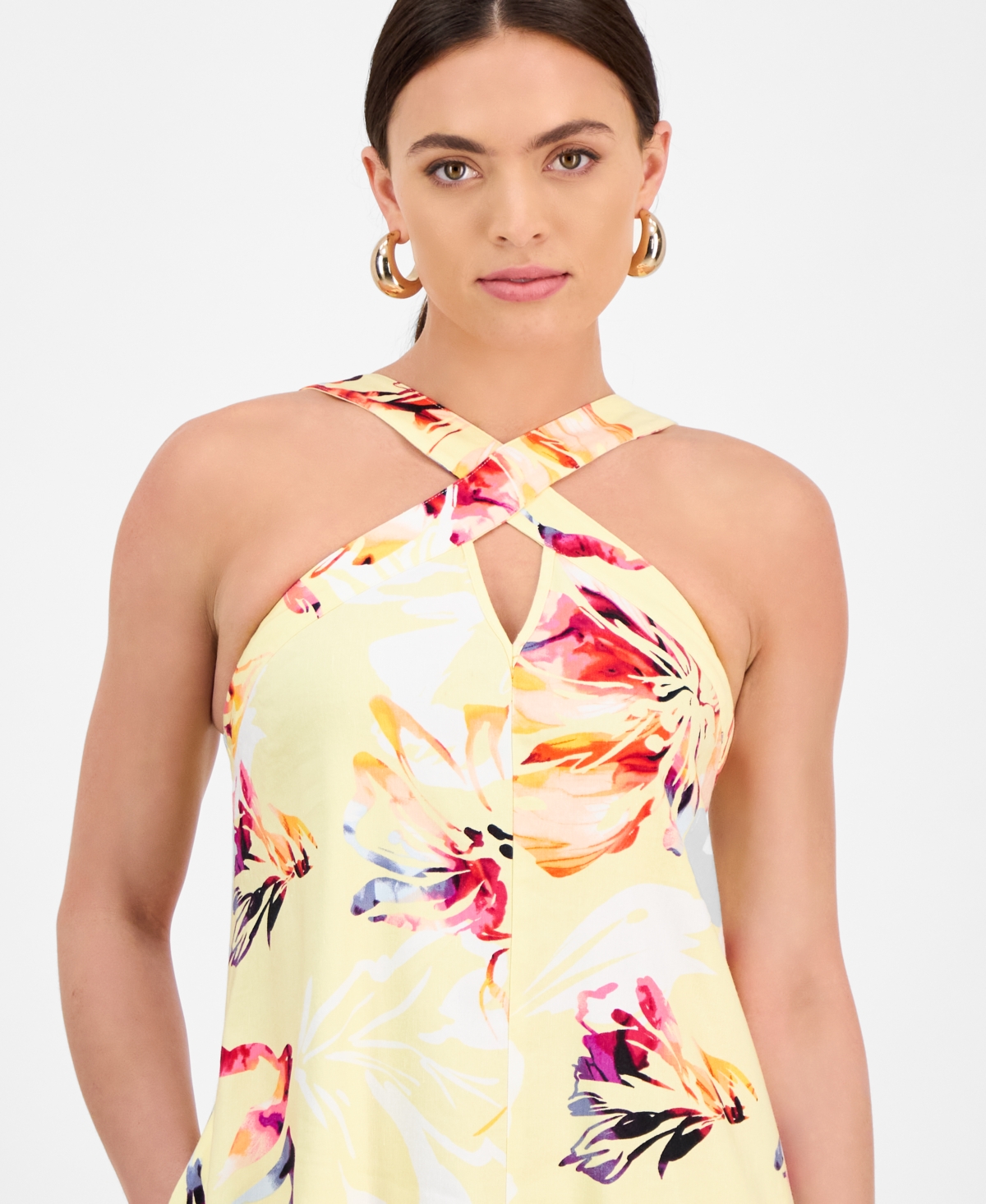 INC INTERNATIONAL CONCEPTS PETITE LINEN-BLEND FLORAL HALTER MAXI DRESS, EXCLUSIVELY AT MACY'S 