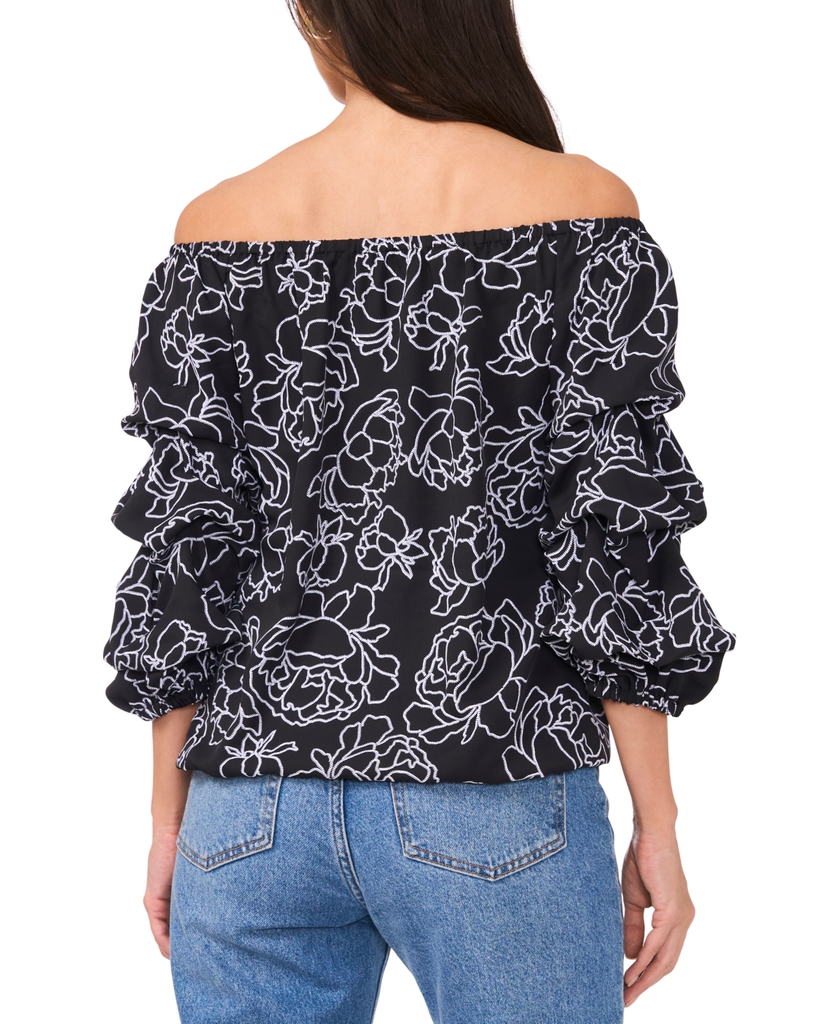 VINCE CAMUTO WOMEN'S FLORAL OFF-THE-SHOULDER BUBBLE 3/4-SLEEVE TIE-FRONT BLOUSE 