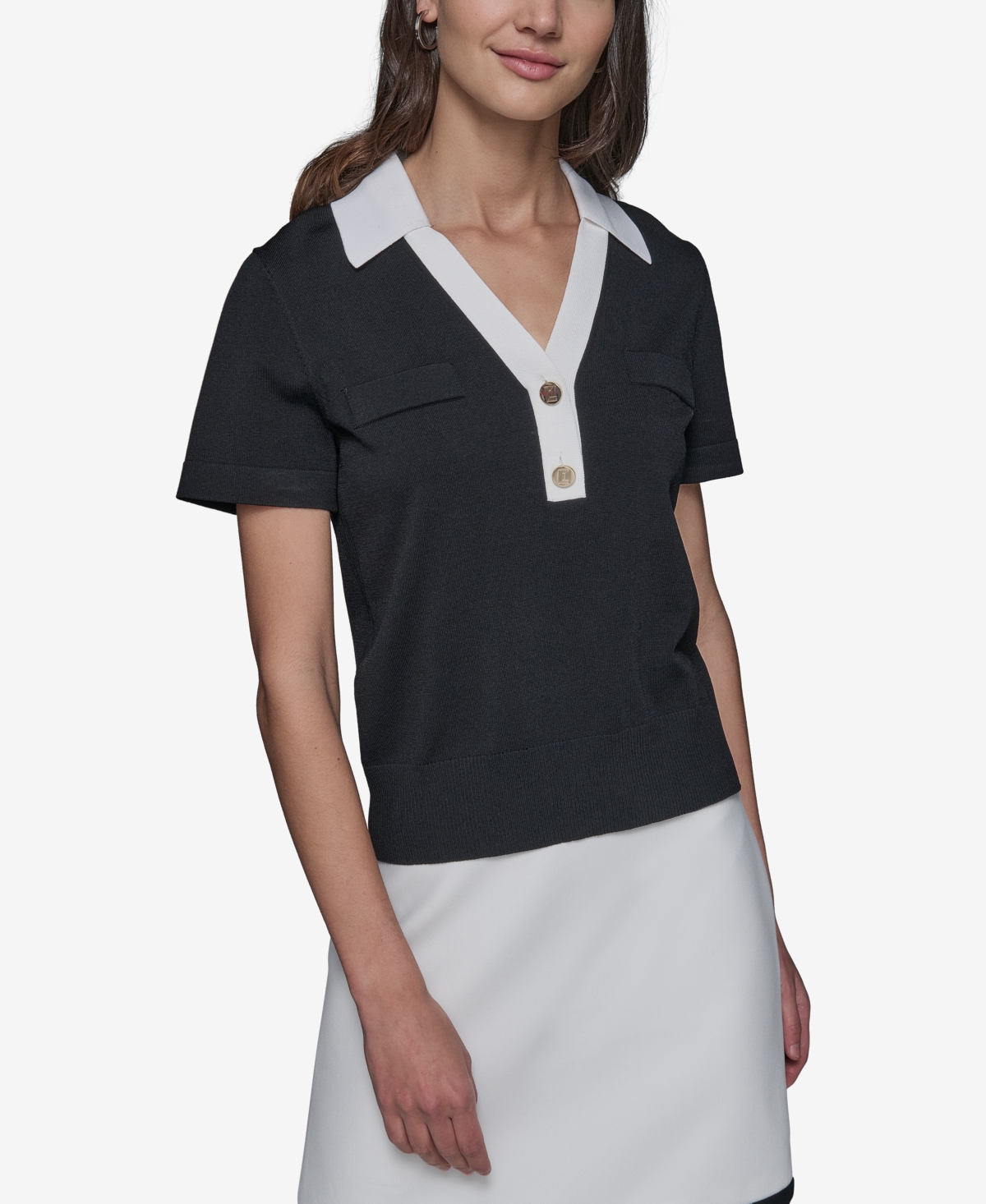 Shop Karl Lagerfeld Women's Colorblocked Knit Polo In Black,soft White
