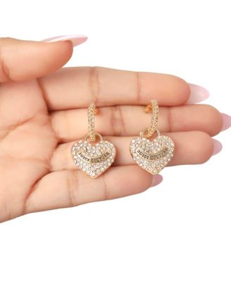 Gold-Tone Heart Charm Hoop Earrings with Crystal Accents