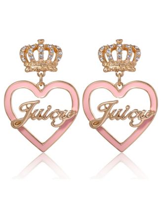 Gold-Tone Crown & Pink Heart Drop Earrings