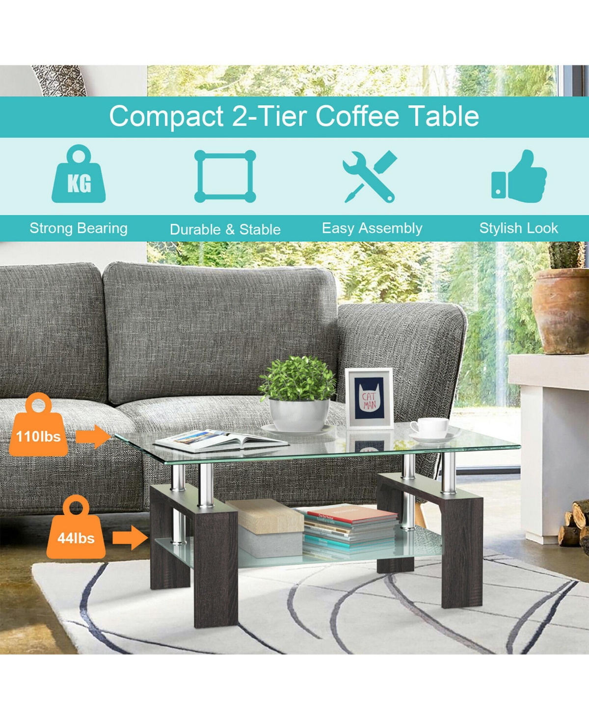 Rectangular Tempered Glass Coffee Table w/Shelf Wood