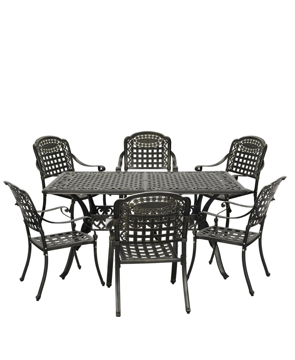 7pcs Cast Aluminium Patio Dining Set Outdoor Dining Set Patio Bistro Set 6 Outdoor Dining Chairs and 59 Inches Rectangular Dining Table for Balcony Po