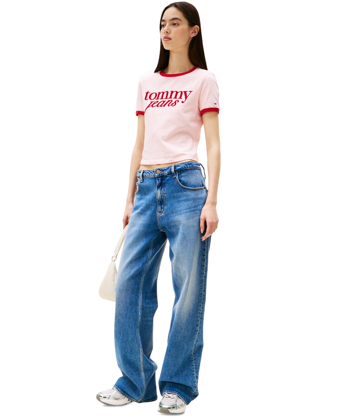 Tommy Jeans Womens Slim Logo Ringer T Shirt Layla High Rise Slim Straight Jeans In Precious Pink