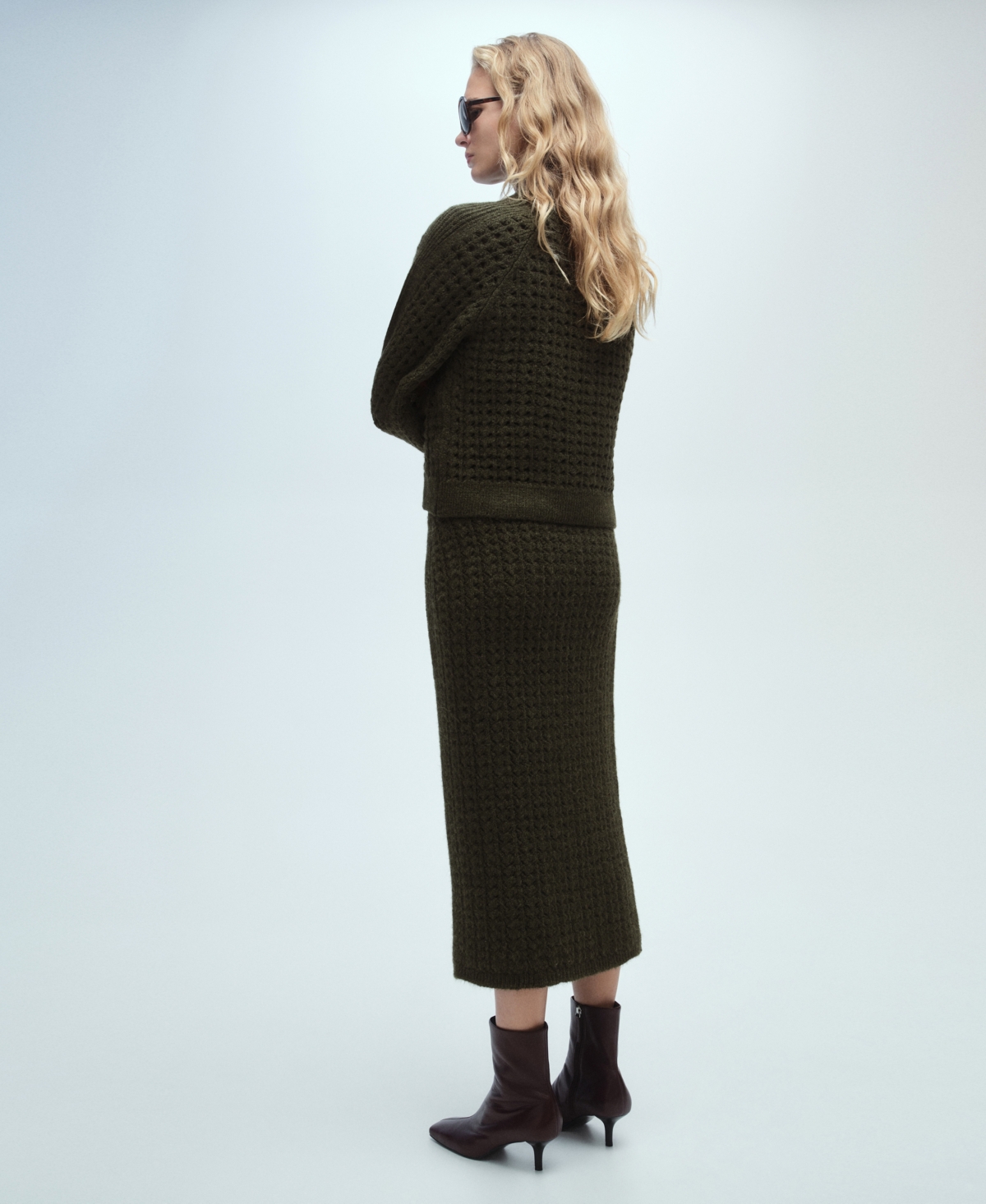 Shop Mango Women's Openwork Knitted Skirt In Khaki