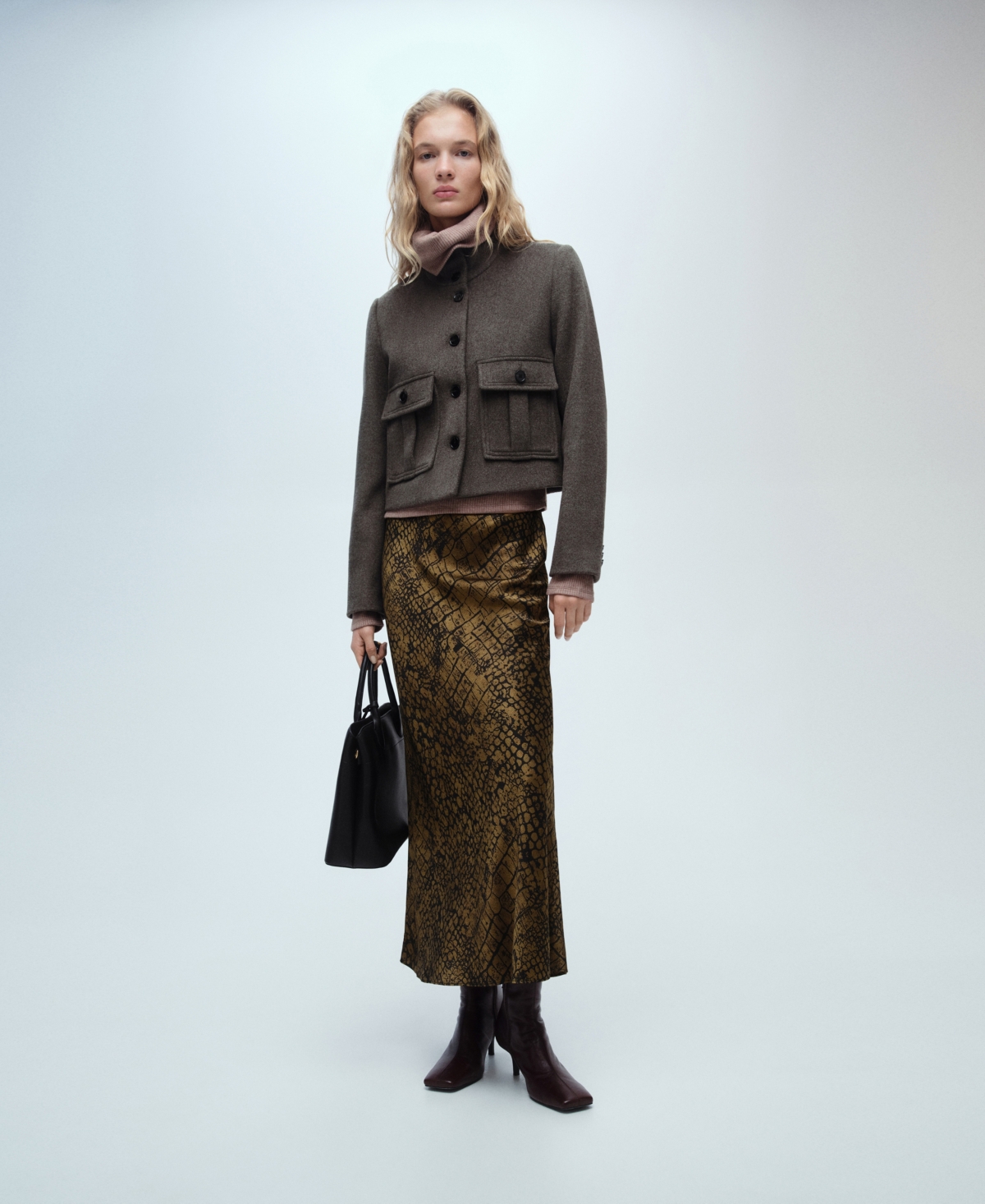 Mango Crocodile Print Flared Skirt In Brown