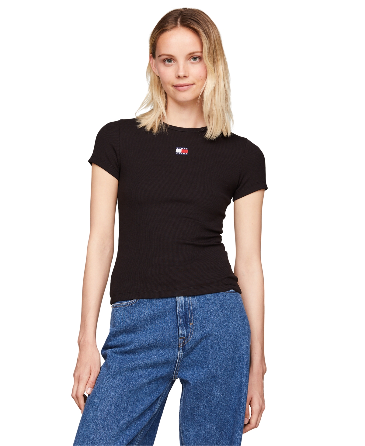 Shop Tommy Jeans Women's Badge Logo Ribbed T-shirt In Black