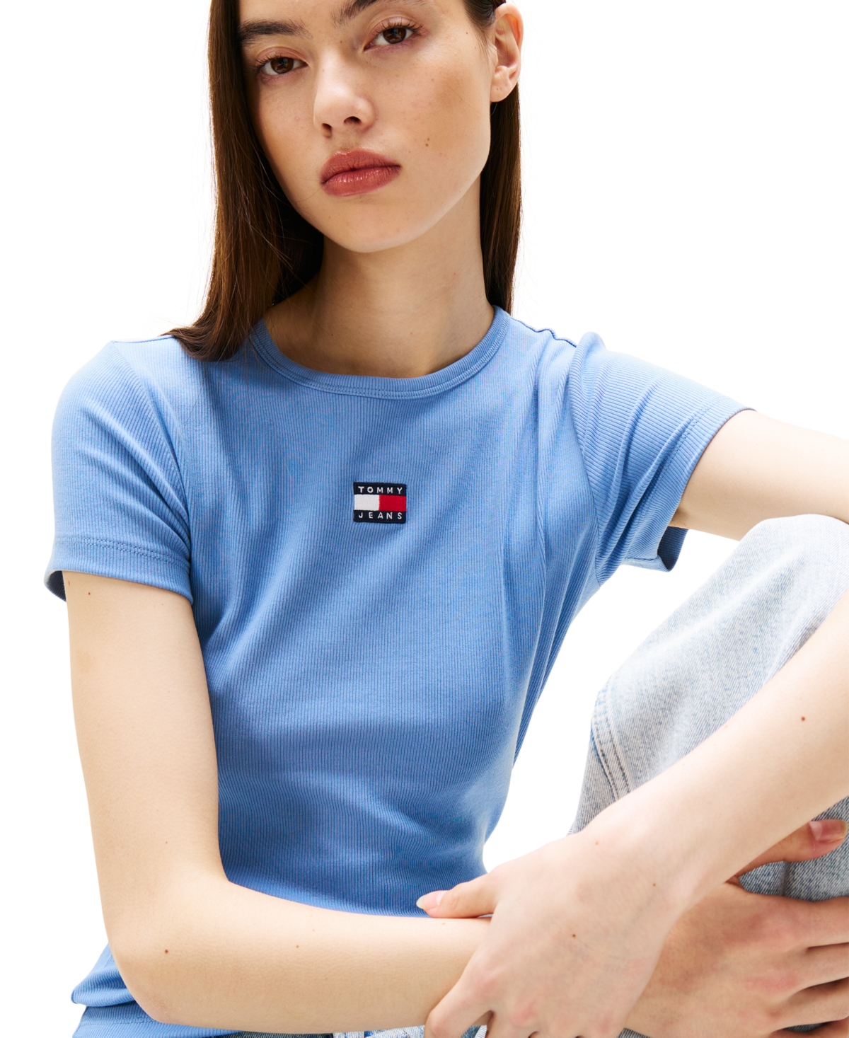 Tommy Jeans Women's Badge Logo Ribbed T-shirt In Colorado Blue