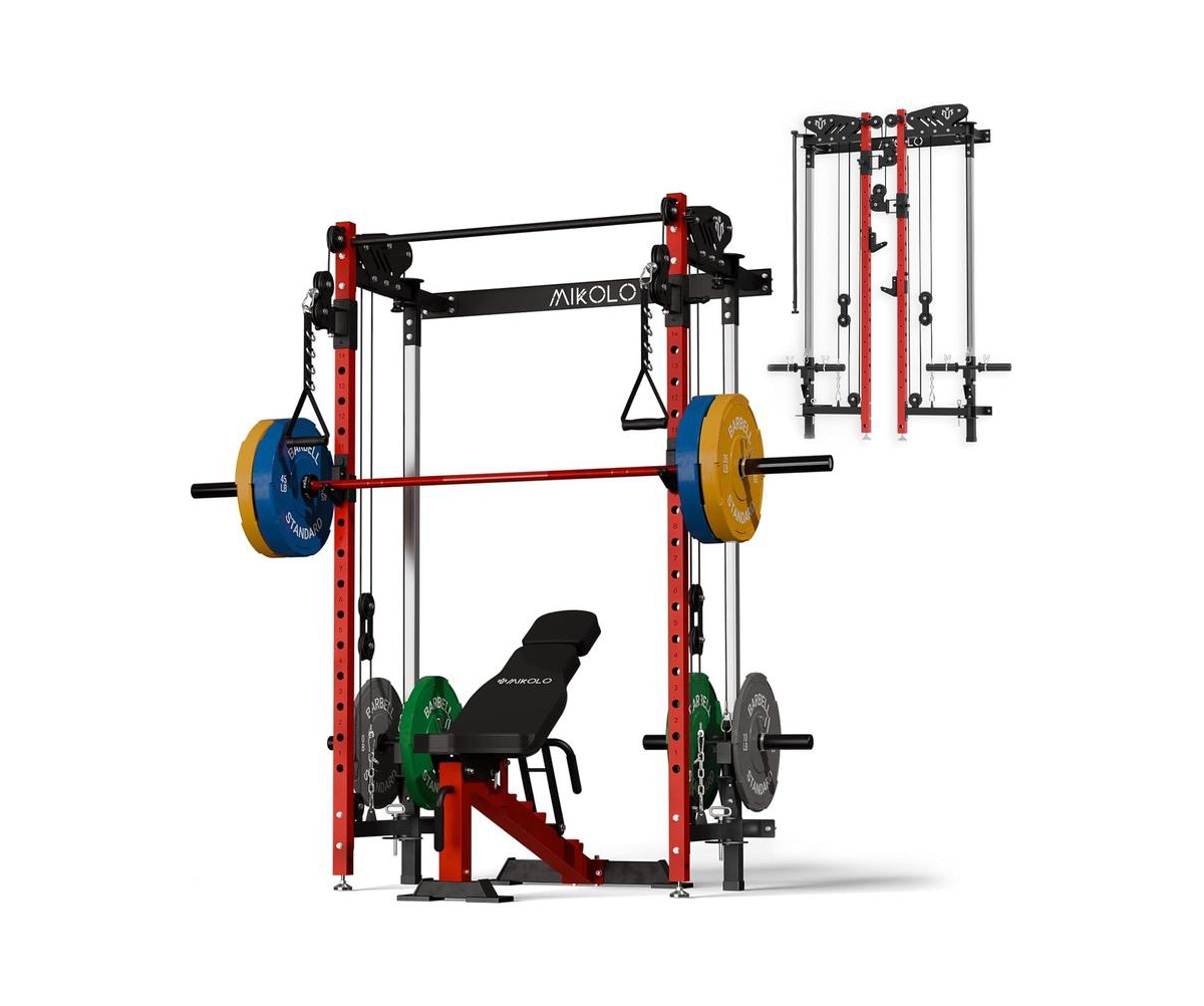 Folding Squat Rack, Wall Mounted Power Rack with Cable Crossover Machine & Lat Pull Down, Power Cage with 5 Adjustable Function Modes, Garage