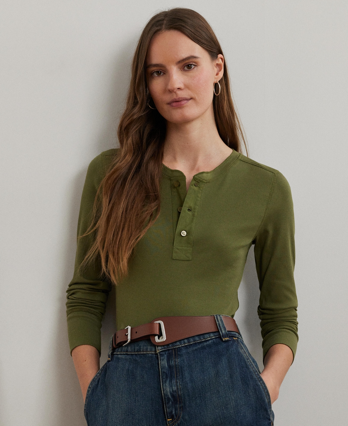 Ralph Lauren Women's Stretch Cotton Henley Top In Olive Grove